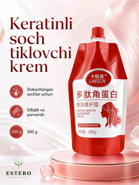 Carich Peptid Keratin Soch Tiklash Kremi — Singan va Shikastlangan Soch Uchun 300g 