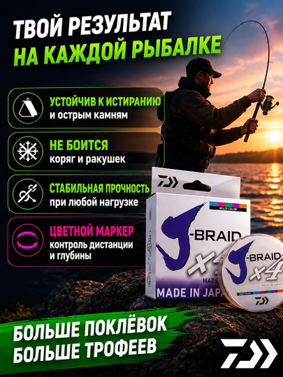 Плетенный шнур для рыбалки J-BRAID Strong x4, разноцветный