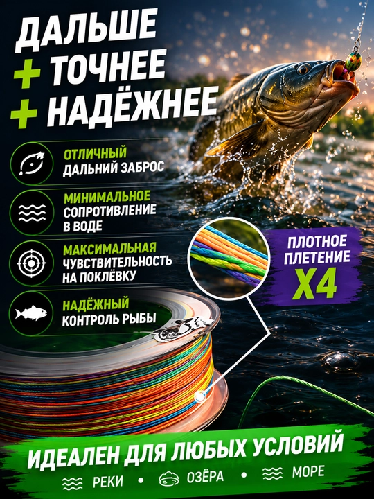 Плетенный шнур для рыбалки J-BRAID Strong x4, разноцветный