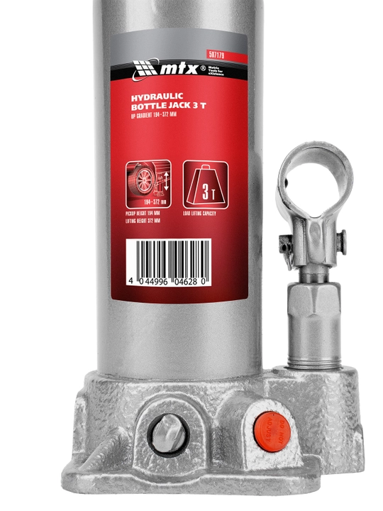 MTX gidravlik butilka domkrati, 3 t, ko‘tarish balandligi 194–372 mm, 507179