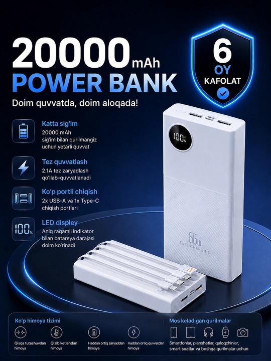 Внешний аккумулятор Power Bank 20000mA 66-22.5W, с быстрой зарядкой - 