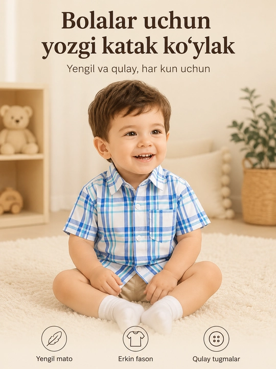 Детская рубашка в клетку с коротким рукавом, летняя