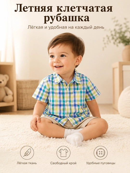 Детская рубашка в клетку с коротким рукавом, летняя