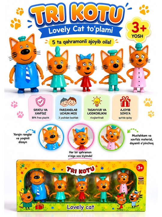 Tri Kotu Figurali O‘yinchoq To‘plami va Attraksion Seti Bolalar Uchun Family Toy - 