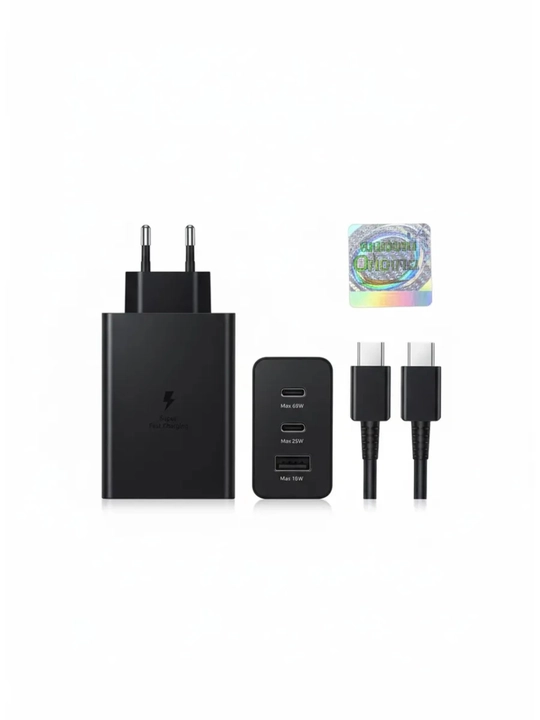 Samsung 65W tezkor zaryadlovchi adapter komplekti, 3 ta portli va Type-C kabeli bilan
