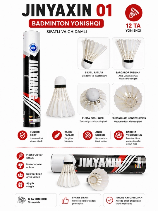 Badminton Volanchigi 12 Dona To‘plam, Sport va Mashg‘ulot Uchun Yonishqi Seti - 