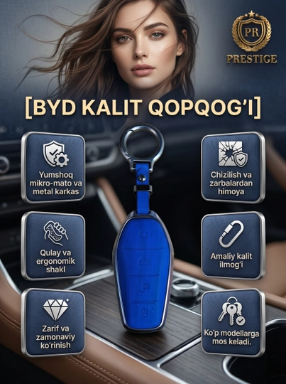 Чехол для ключа автомобиля BYD с металлической рамкой, микротекстильный брелок — PREST01-BYDPULTTEMIR-СИНИЙ