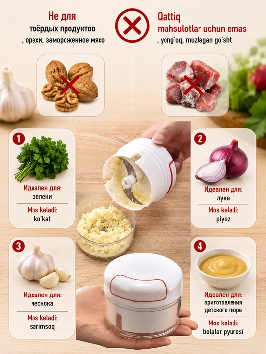 Блендер - чоппер ручной со шнурком для измельчения продуктов, овощей, 170/500/900 мл