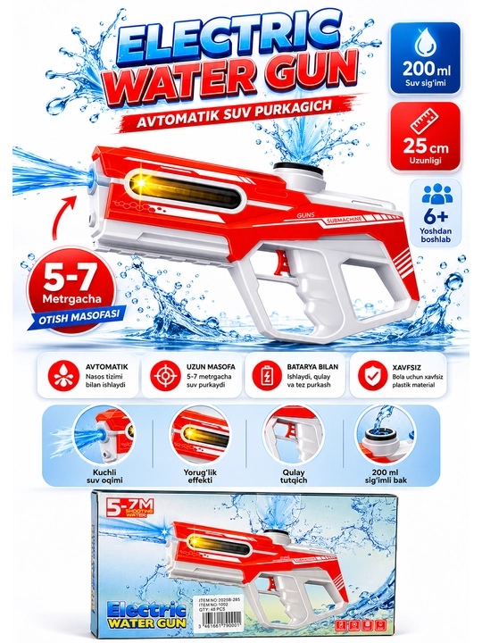 Elektrik Suv Pistoleti Bolalar Uchun, Automatic Water Gun Toy 5-7M Masofali Set - 