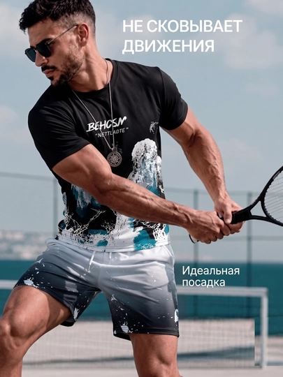 Мужской спортивный костюм комплект футболка и шорты, летний костюм двойка спортивка трико — AGLMA-КОМПМУЖ-ЧЕРН-S