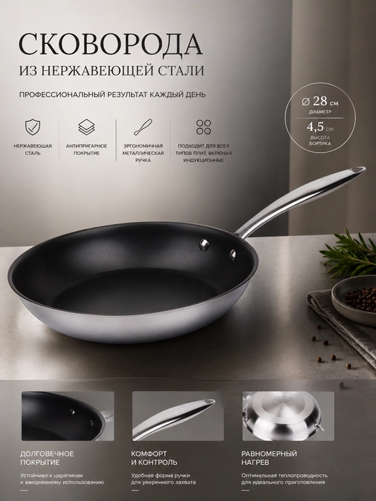 Teflon qoplamali zanglamaydigan po‘latdan qilingan qovurilgan tovaФ - 