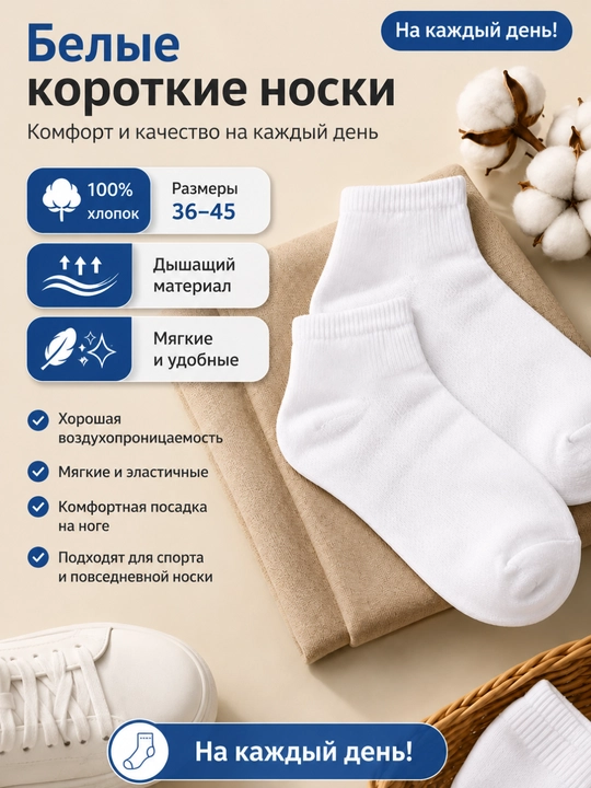 Oq paxtali kalta paypoqlar, yumshoq, qulay, havo o‘tkazuvchi, elastik, 36–45 o‘lcham - 
