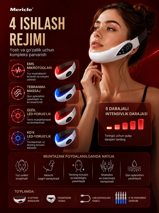 Mikrotokli LED massajyor yuz va iyak uchun,V-lifting, yuz ovalini taranglashtirish,lifting