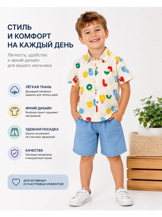 Летний костюм  для мальчиков, рубашка+ шорты, ткань хлопок - 