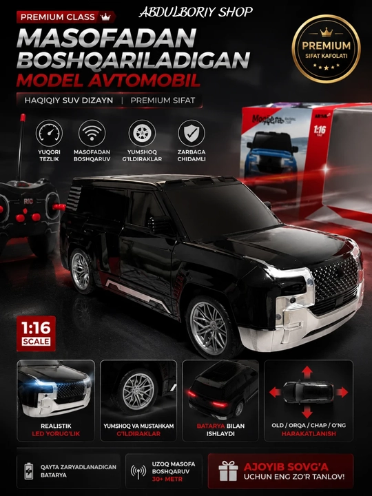 RC SUV 1:16 Masofadan Boshqariladigan LED Chiroqli O‘yinchoq Mashina