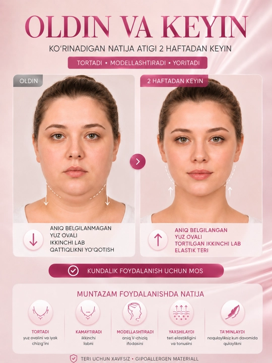Bandaj maska yuz ovali uchun, lifting effektli yuz tortuvchi maska, V line bandaj