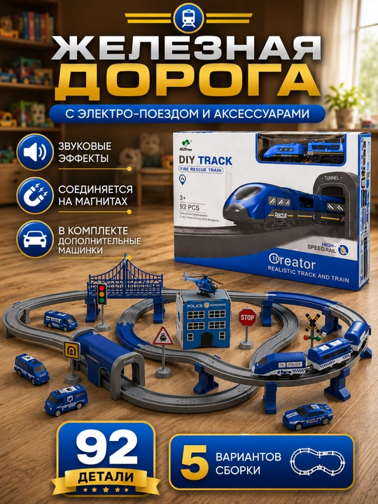 Поезд игрушка, электрический, на железной дороге, локомотив пожарный - 