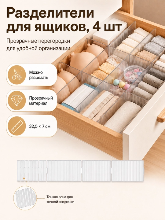 Разделители для ящиков 4 или 8 штук с фиксаторами прозрачные для хранения вещей и белья - 