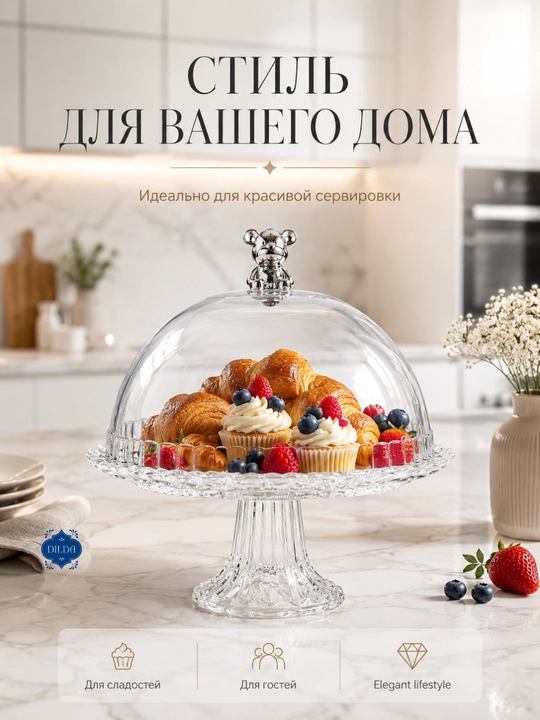 Akril qopqoqli va oyoqli shisha taglikli Bagema shirinlik tort idishi