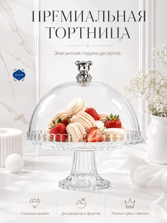 Тортница десертница Bagema с акриловой крышкой и стеклянной подставкой на ножке - 