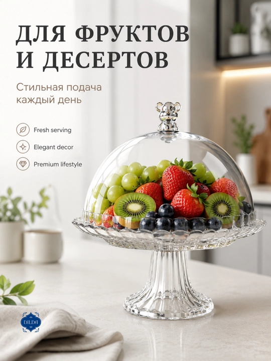 Akril qopqoqli va oyoqli shisha taglikli Bagema shirinlik tort idishi