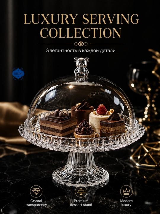 Akril qopqoqli va oyoqli shisha taglikli Bagema shirinlik tort idishi