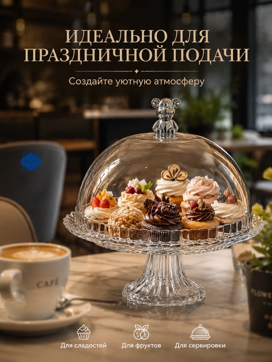 Akril qopqoqli va oyoqli shisha taglikli Bagema shirinlik tort idishi
