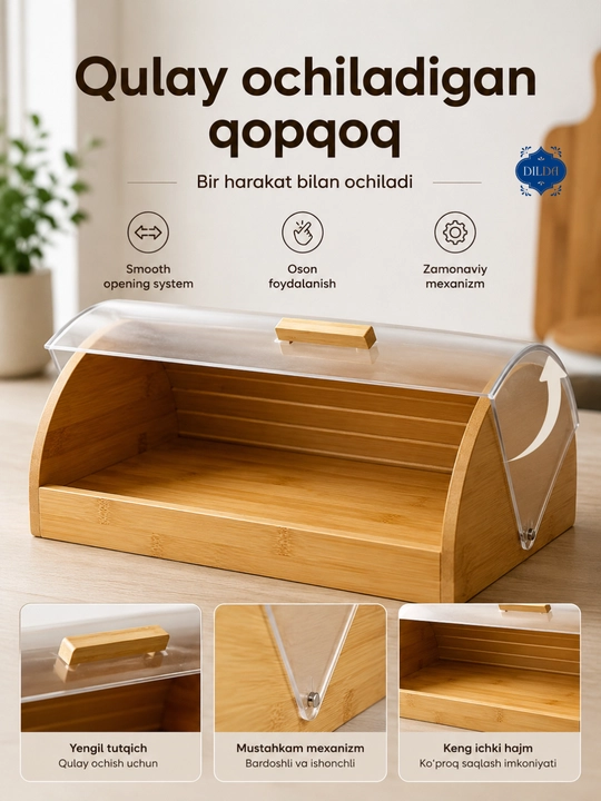 Bambuk non qutisi shaffof qopqoqli non saqlash qutisi oshxona uchun organizer