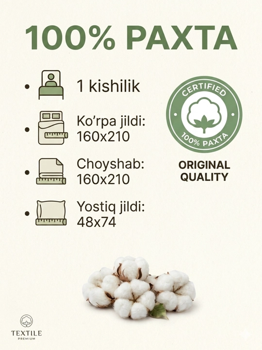 Yotoq uchun choyshab, yostiq jildi va ko'rpa jildi