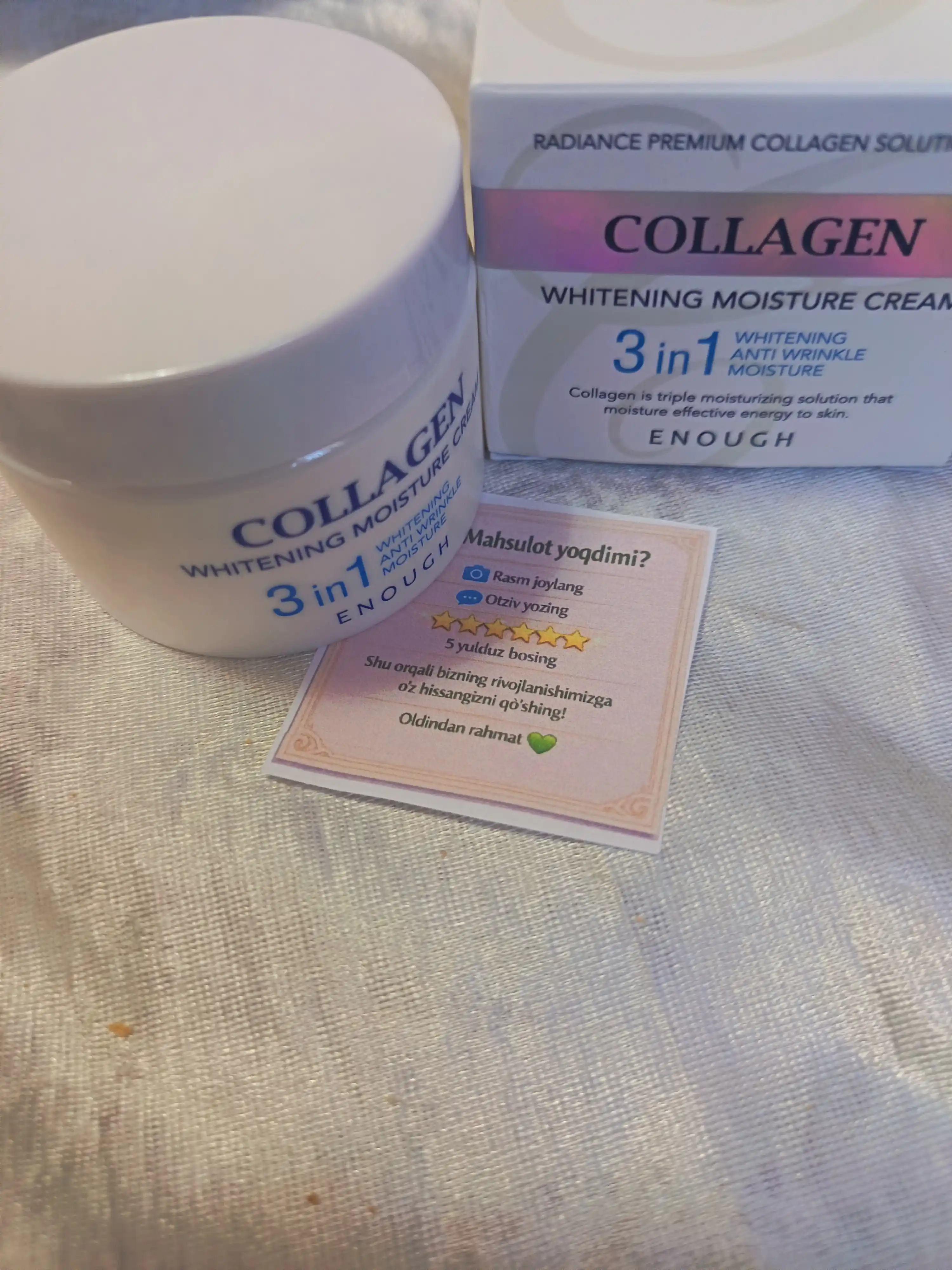 Kollagenli oqartiruvchi, namlantiruvch, ajinlarga qarshi va yoshartiruvchi yuz krem, 50 ml