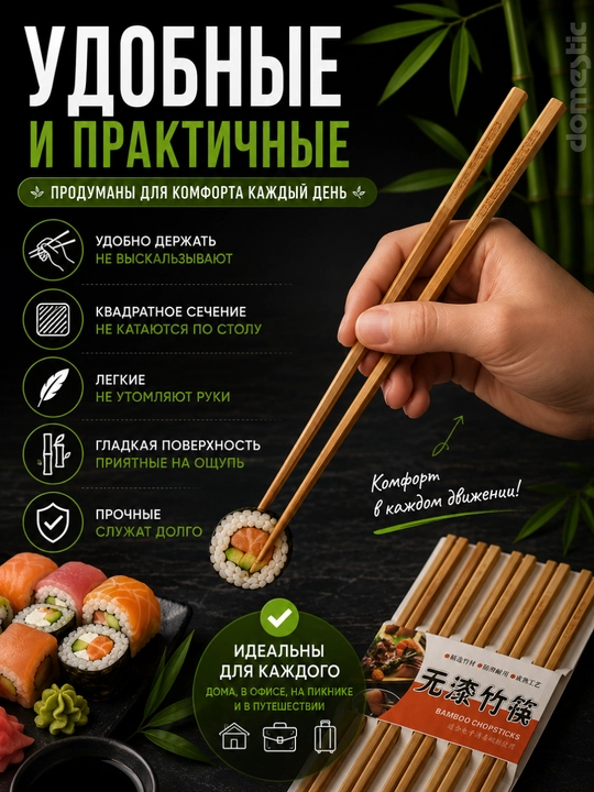 Sushi va rollar uchun yog‘och ovqatlanish tayoqchalari, bambukdan, 10 dona, 20 dona