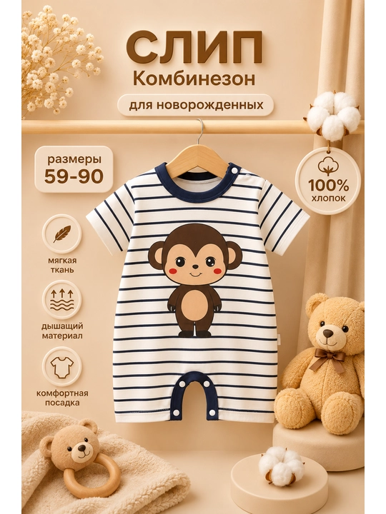 Chaqaloqlar uchun kiyimlar yangi tug'ilganlar uchun, 100% paxtali, yozgi slip-kombinezon - 