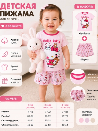 Пижама Hello Kitty для девочки, хлопковый комплект: футболка, шорты для сна