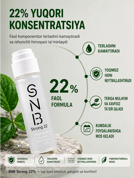 Dezodorant-antiperspirant SNB Strong 22% 35 ml  — terlash va noxush hiddan samarali himoya