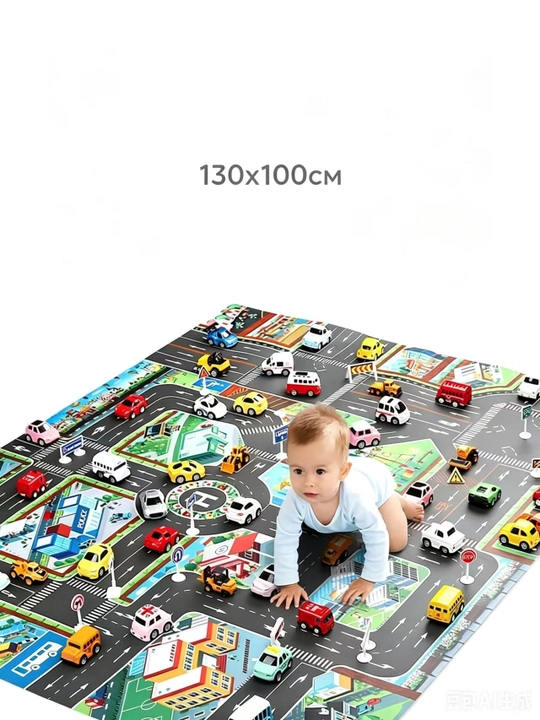 Детский игровой коврик с дорогами и городом 130×100 см, для машинок и игр - 