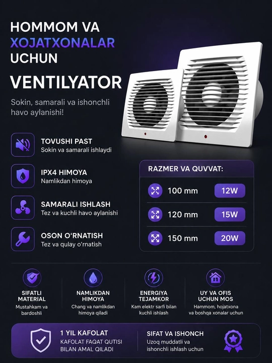 JA Turbo Ventilyator, aircool, vulkan, hitech — Hammom va Hojatxona uchun, havo tozalash