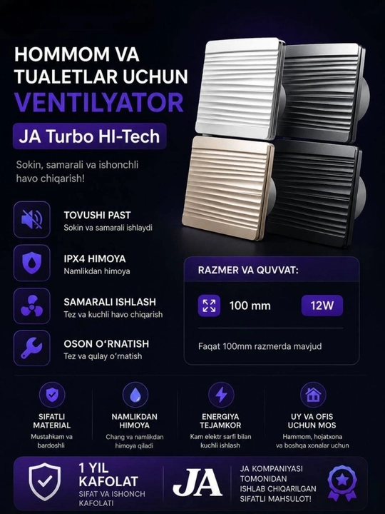 JA Turbo Ventilyator, aircool, vulkan, hitech — Hammom va Hojatxona uchun, havo tozalash