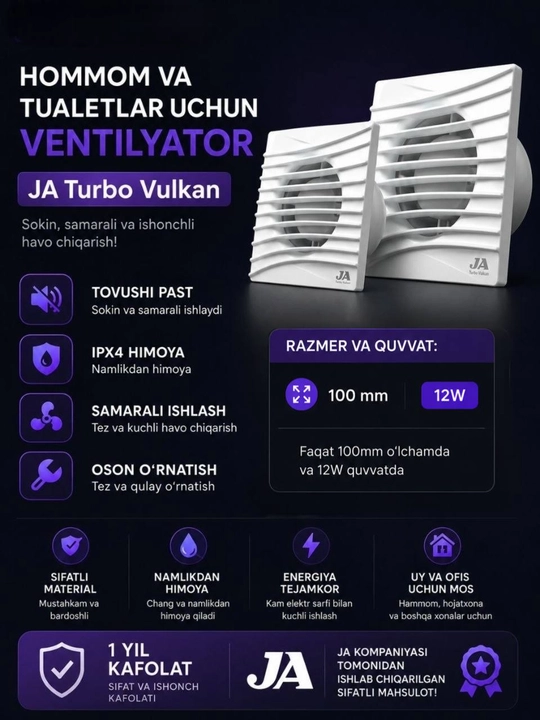 JA Turbo Ventilyator, aircool, vulkan, hitech — Hammom va Hojatxona uchun, havo tozalash - 