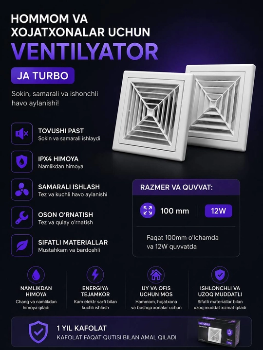 JA Turbo Ventilyator, aircool, vulkan, hitech — Hammom va Hojatxona uchun, havo tozalash