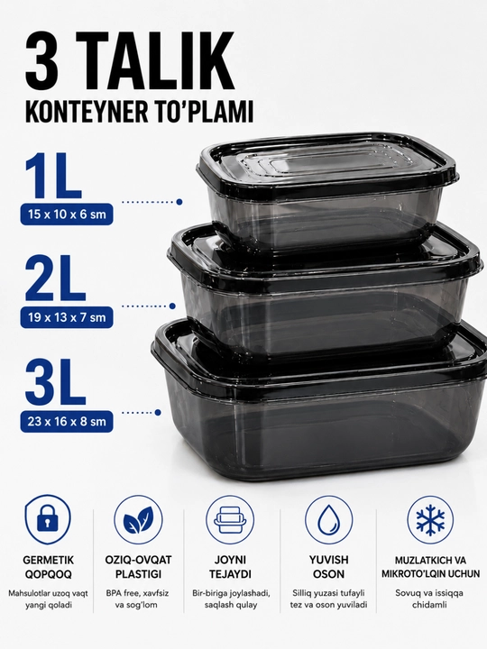 Набор контейнеров 1 л, 2 л, 3 л - для кухонной утвари и хранения продуктов - 