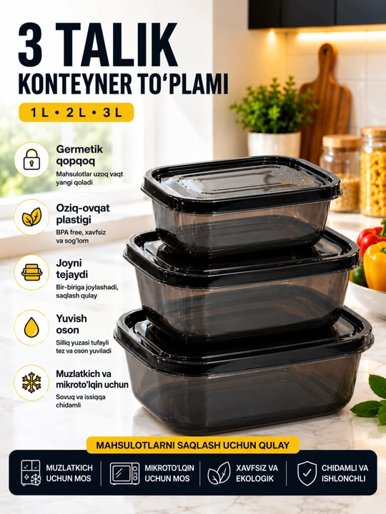 Набор контейнеров 1 л, 2 л, 3 л - для кухонной утвари и хранения продуктов