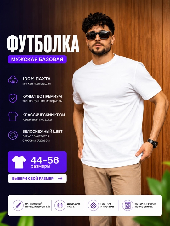 Erkaklar uchun oq bazaviy paxta futbolka - 