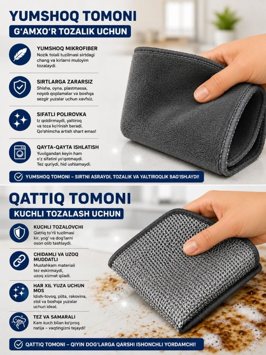2 tomonlama mikrofiber tozalovchi latta – kuchli va yumshoq tozalash