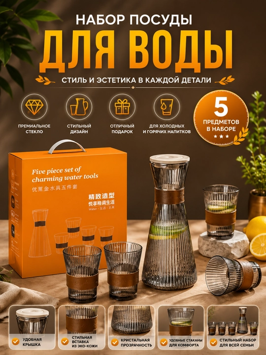Стеклянный набор для воды и напитков, набор стеклянных графинов - 