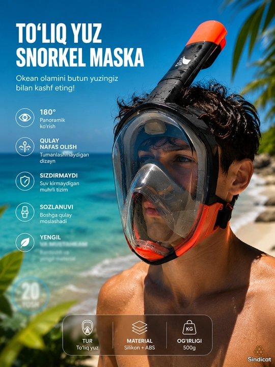 Snorkeling va sho'ng'in uchun suv osti niqobi, aksion kamera o'rnatish moslamasi bilan - 