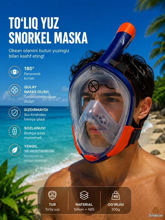 Snorkeling va sho'ng'in uchun suv osti niqobi, aksion kamera o'rnatish moslamasi bilan - 
