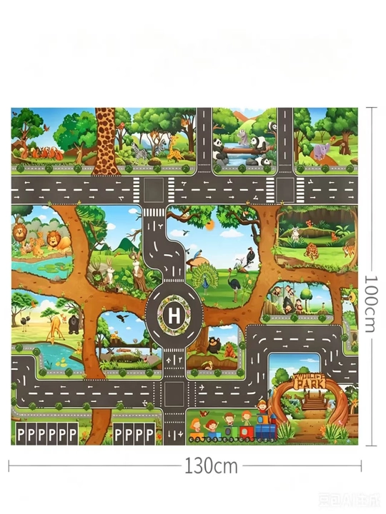 Детский игровой коврик Зоопарк 130x100 см, дорога для машинок и животных