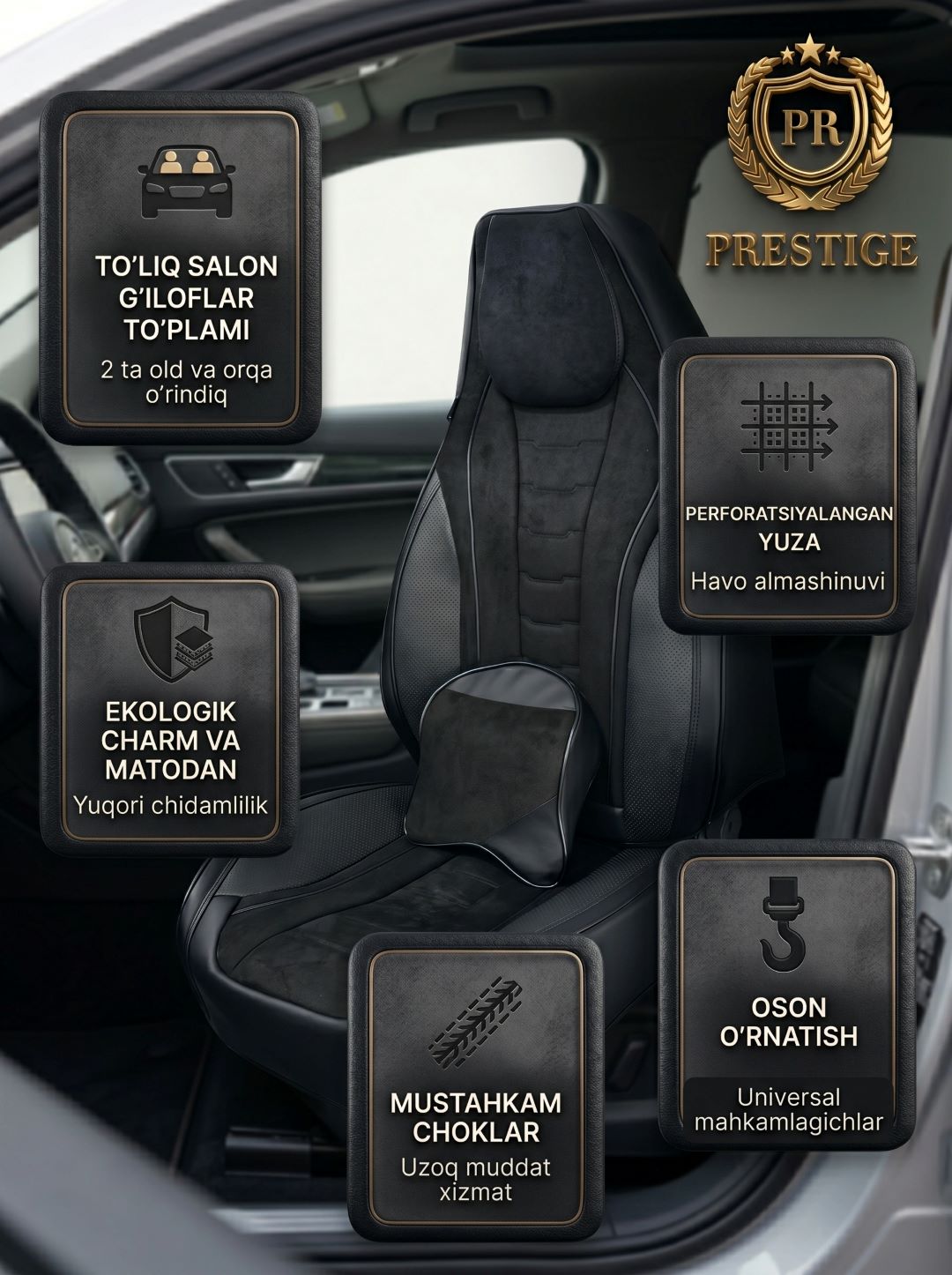08. Avtomobil o'rindiq qoplamalari Prestige, eko-charm va baxmal, to'liq to'plam