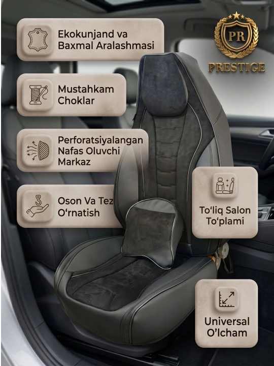 08. Avtomobil o'rindiq qoplamalari Prestige, eko-charm va baxmal, to'liq to'plam