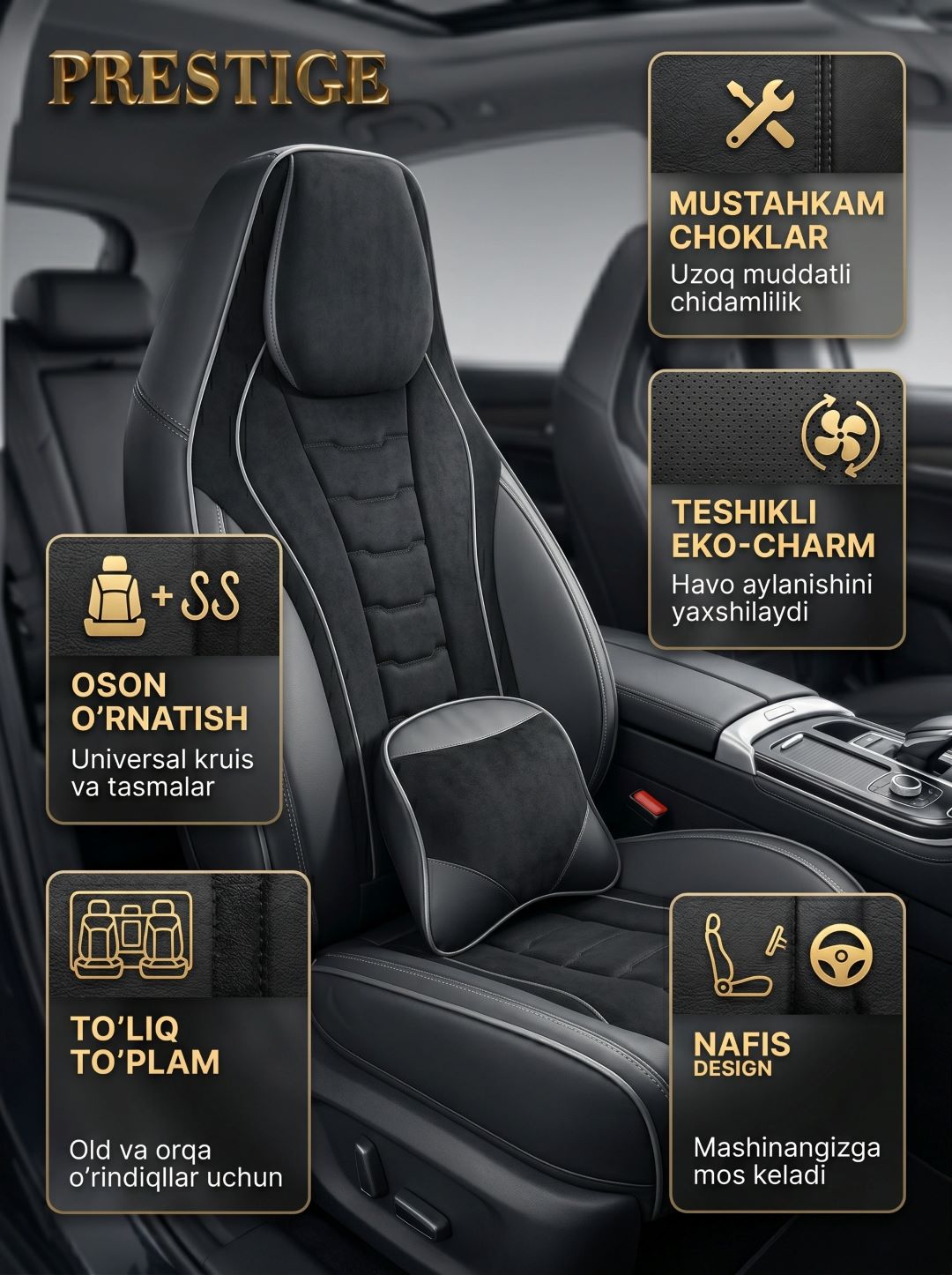 08. Avtomobil o'rindiq qoplamalari Prestige, eko-charm va baxmal, to'liq to'plam - 